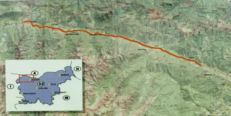 The line of cycle track from Jesenice to Rateče (border).
